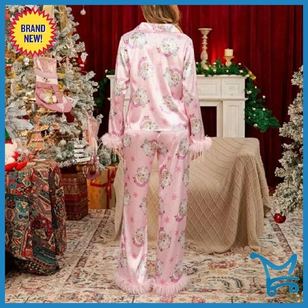 Women's Satin Pajama Set with Feather Trim Long Sleeve Button Top Pants